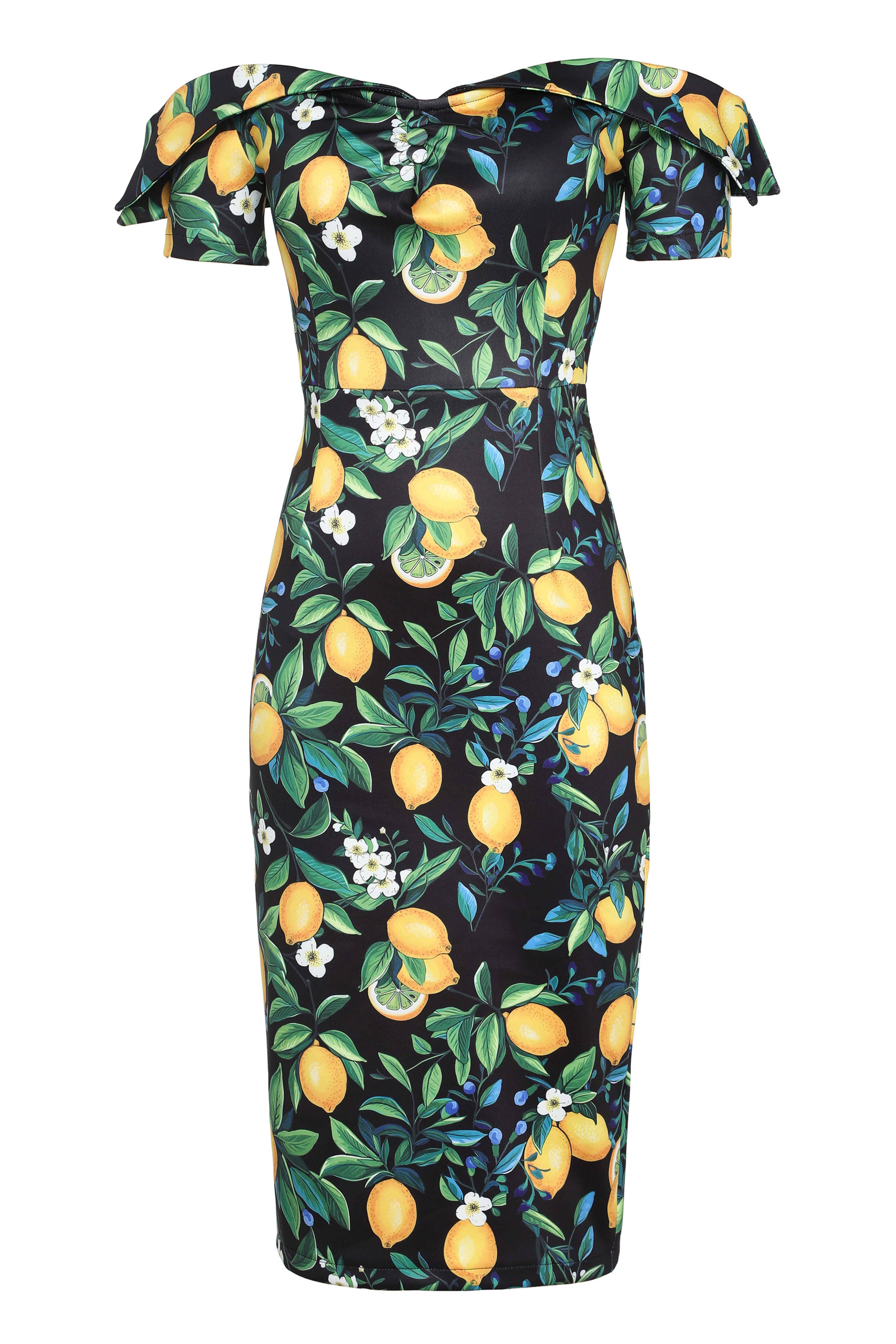 Dolly & Dotty - Wholesale Dress - Women's - Monroe Off-the-Shoulder Pencil Dress in Black Lemon Print13