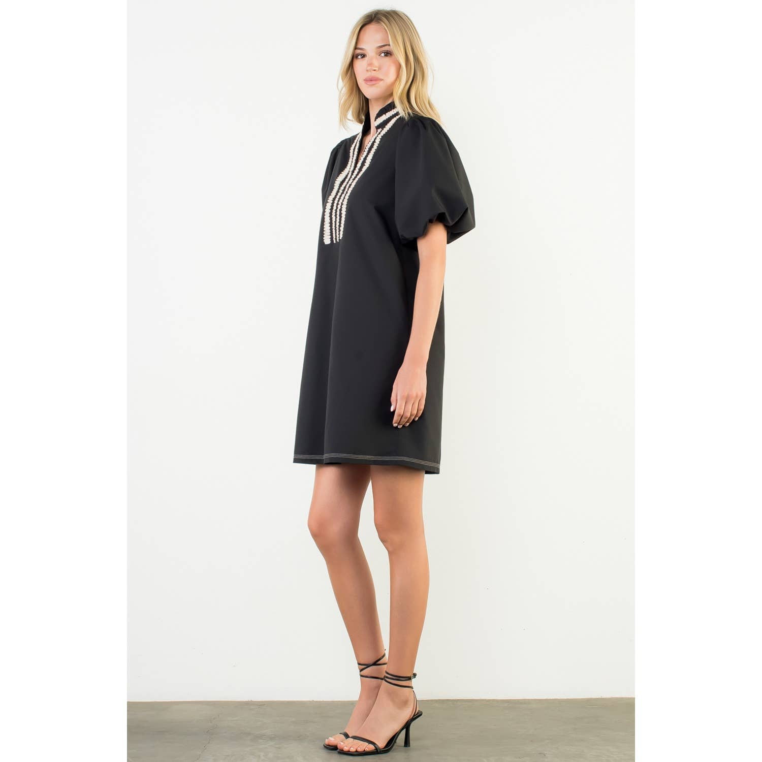 BLACK Puff Sleeve Embroidered Textured Dress for wholesale on Faire1