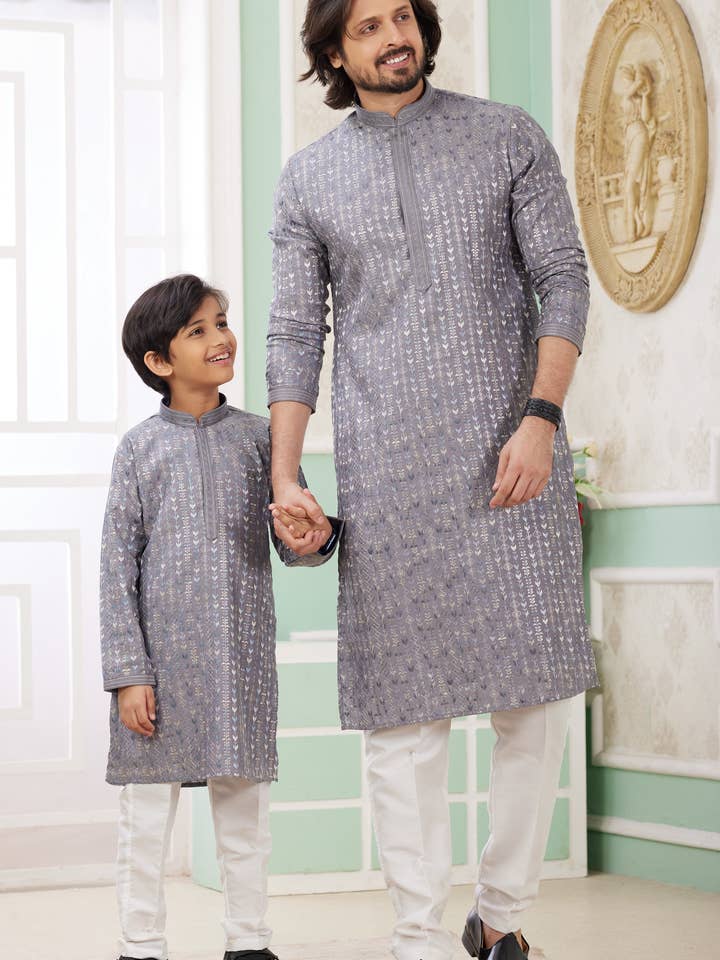 Lavender Gray Art Silk Father Son Matching Combo Indo Western Traditional Sherwani Long Kurta & Pajama Suit for Wedding - Embroidery Work for wholesale by HATKE BRIDE