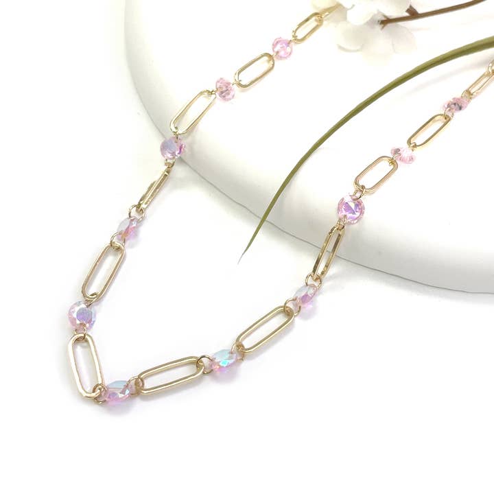 Round Crystal Stone and Paper Clip Chain Linked Necklace for wholesale by StarryNYC