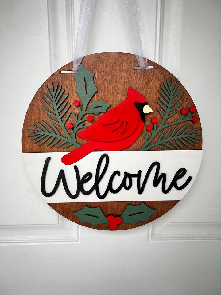 Cardinal Wood Round Welcome Sign & Bird Lover Gift for wholesale by 347 Laser Customs