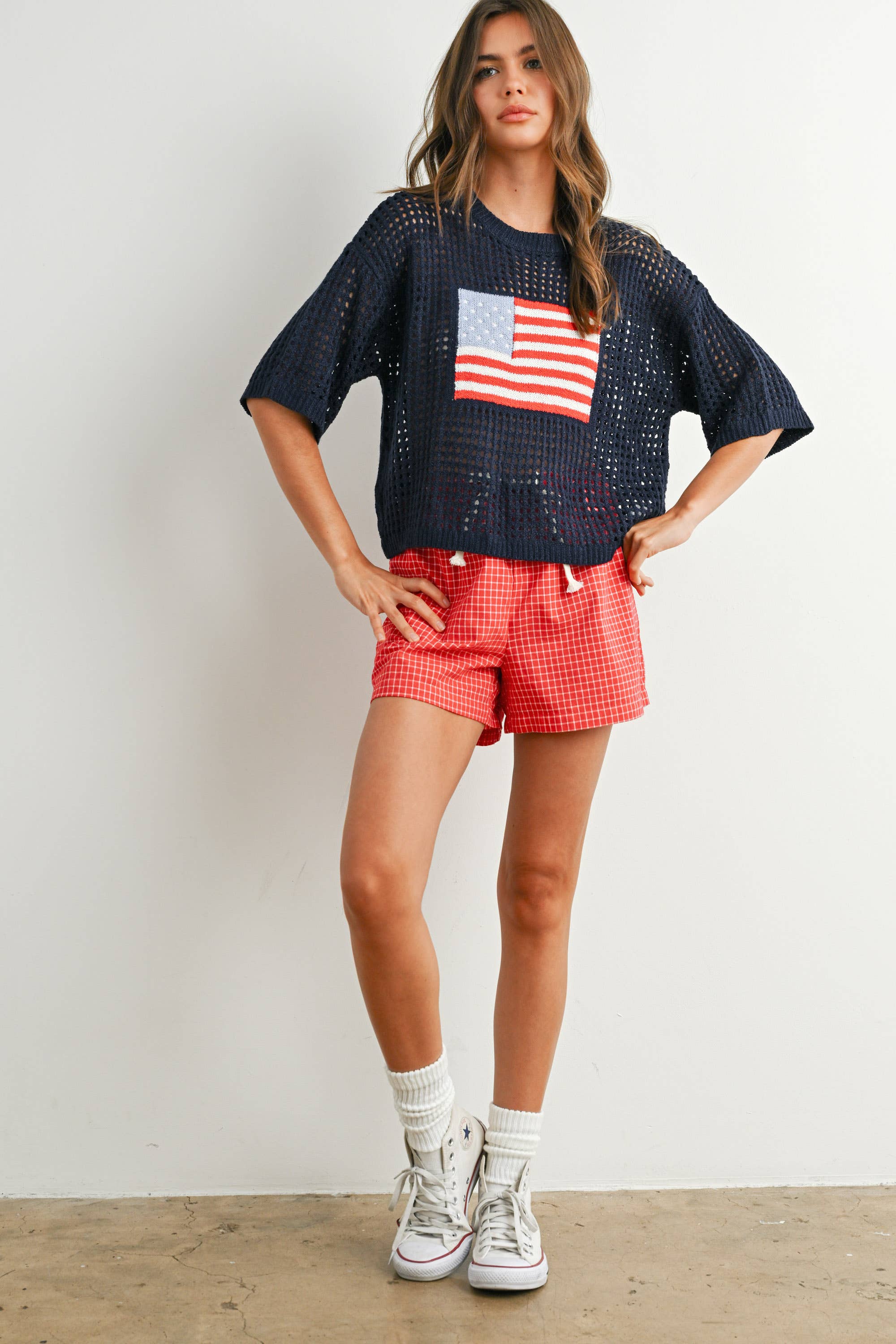 BUTTERMELON - Wholesale Knit Top - Women's - Flag Print Open Knit Crochet Sweater Top - BMW77359