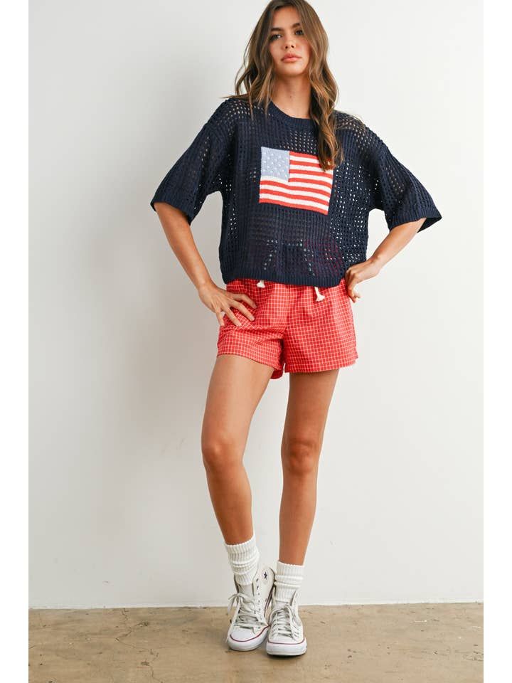 BUTTERMELON - Wholesale Knit Top - Women's - Flag Print Open Knit Crochet Sweater Top - BMW77359