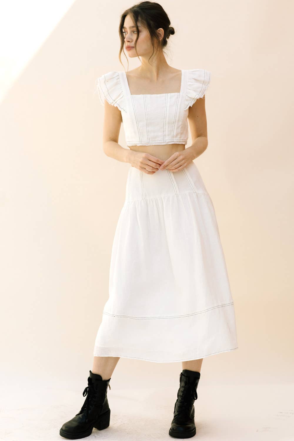 White JS3926- Monochromatic Stitched Detail Maxi Skirt for wholesale on Faire1