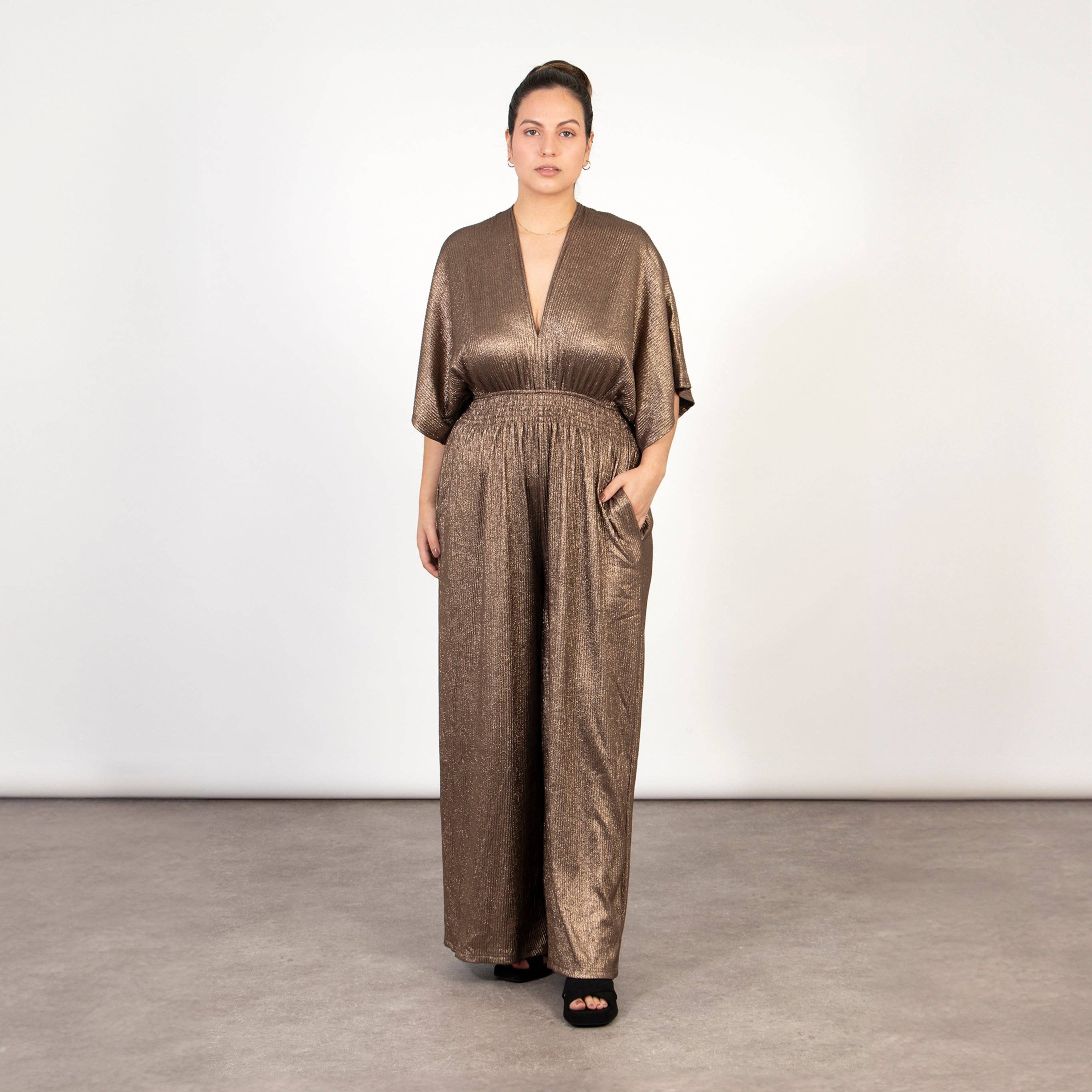 Sarta – wholesale Jumpsuit – Women's – Scarlett V-Neck Jumpsuit - Bronze, Pleated1