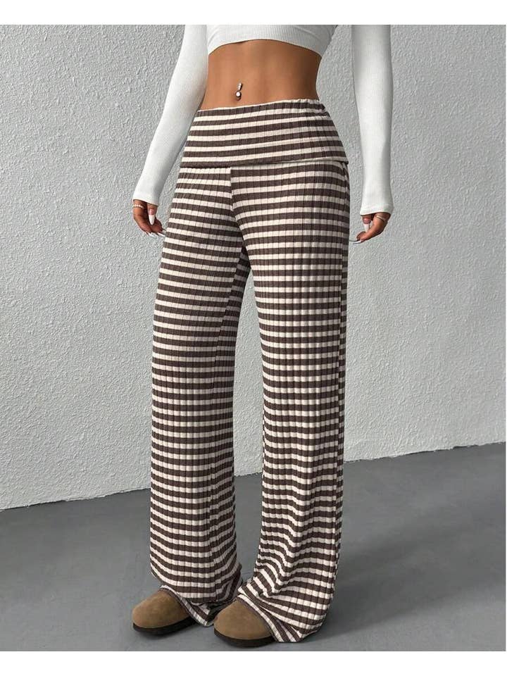 HIDDENBRAND - Wholesale Pants - Women's - Turn-up folded waist striped bootcut knit pants1