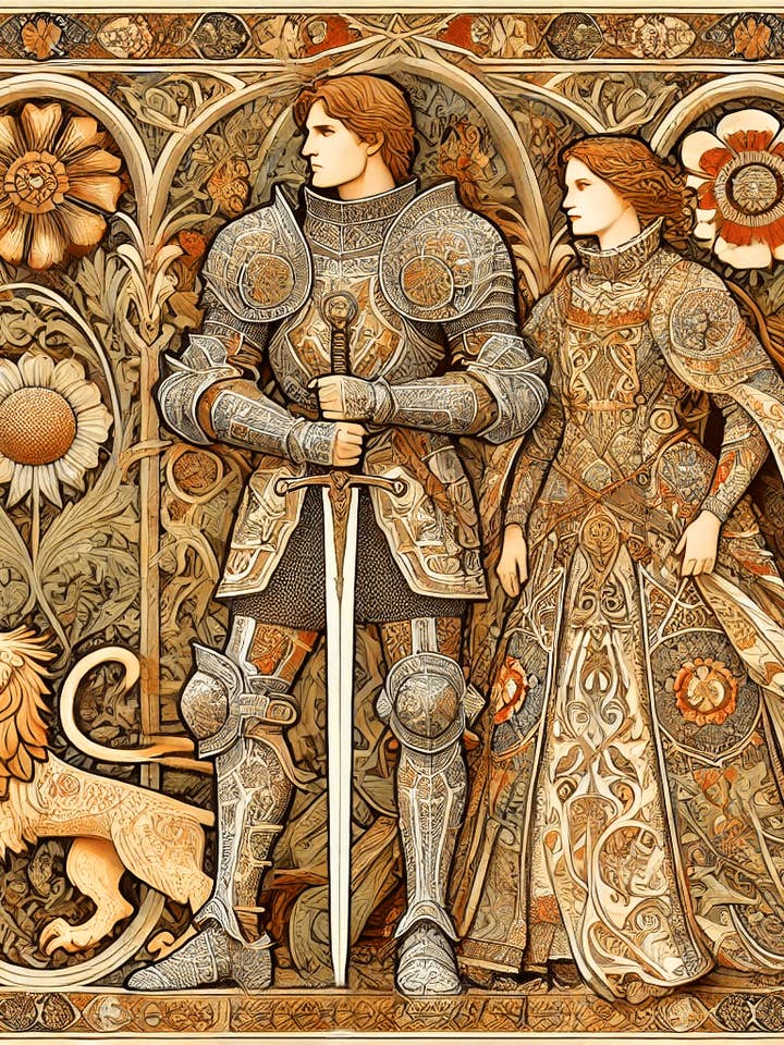 Poster quadrato, motivo: cavaliere e dama, stile Art Nouveau, 20,3 x 20,3 cm, opaco, 30,5 x 30,5 cm per la vendita all'ingrosso da parte di Mowbi