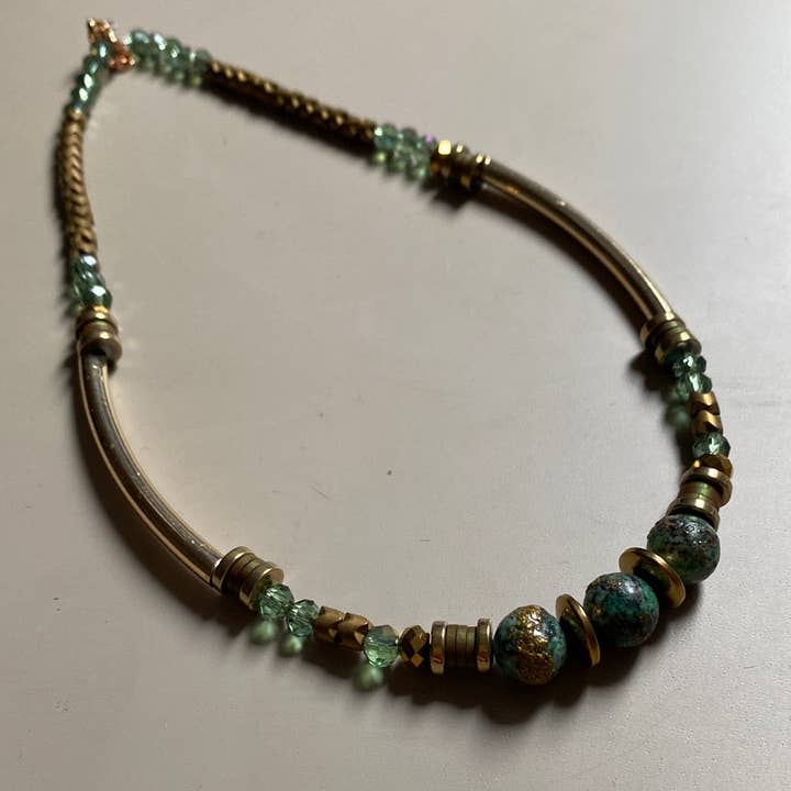 Gist Jewellery - Wholesale Beaded/Pearl Necklace - MRL16 - Natural Chrysocolla, 24k gold plated brass, Gold plated Hematite, Clay, Glass1