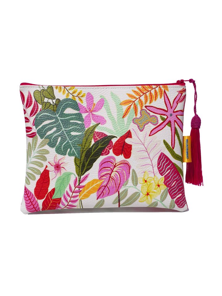 Borsa per trucchi in pelle vegana tropicale bianca per la vendita all'ingrosso da parte di Lousurfacepattern