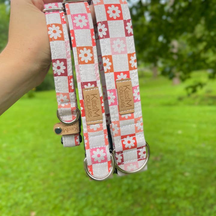 K and M Collars, LLC - Wholesale Pet Collar - Dog - Boho Flowers Checkered Dog Collar, Fall, Halloween, K and M