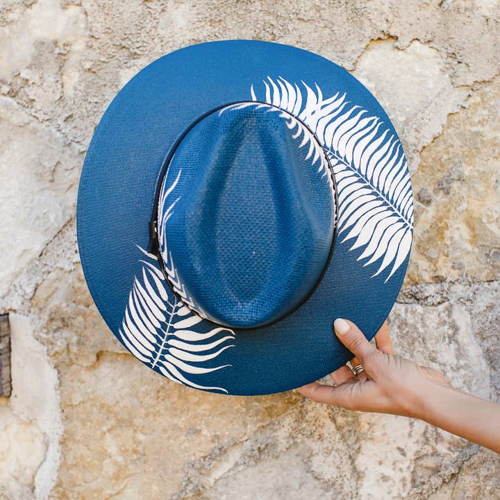 Origin Mexico - Wholesale Straw Hat - Women's - Fernanda Hand Painted Western Boho Hat - Blue and White