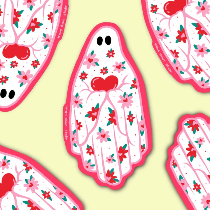 Heart Ghost Vinyl Sticker for wholesale by Lemon Dawn Studio