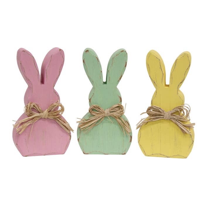 Distressed Wooden Bunny Sitter w/Raffia Bow - 3 Asstd. for wholesale by Col House Designs