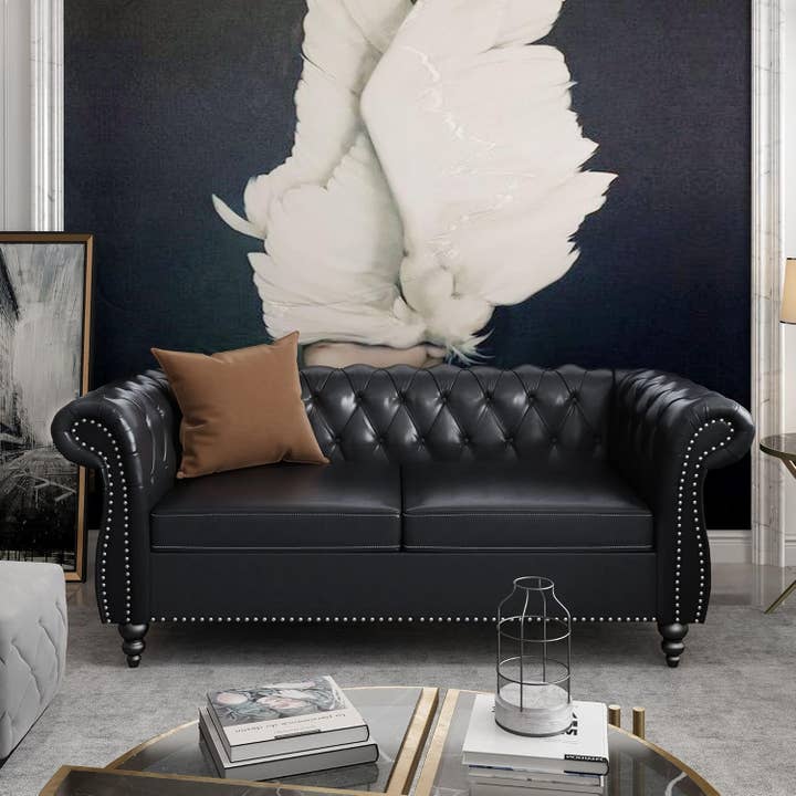 Two Piece Chesterfield Leather Living Room Set With Black Leather Loveseat And Chair for wholesale on Faire1
