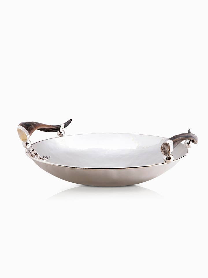 Olivos Big Round Centerpiece, Brown Horn, Polished Silver for wholesale by Gaucho Buenos Aires