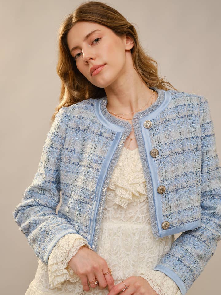 37310J - Struktureret Knap Kraveløs Tweed Blazer for engroshandel hos Blue B