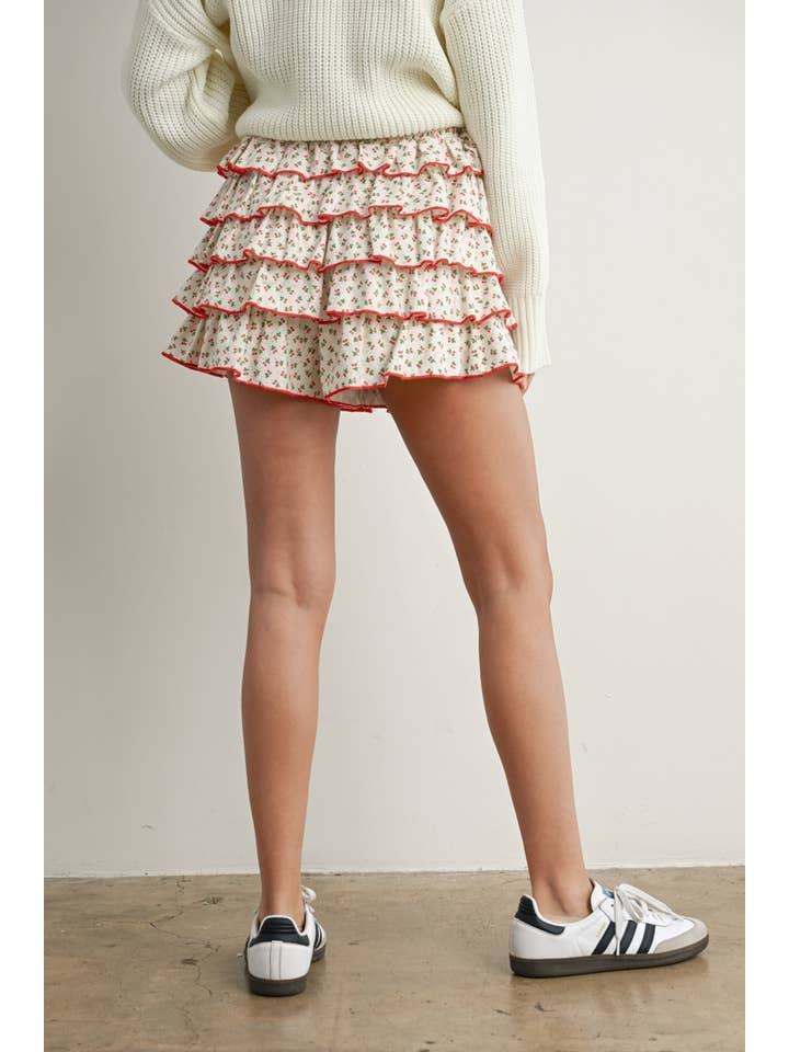 IVORY RED Cherry Print Layered Ruffled Tie-Front Mini Skort - BMP7832 for wholesale on Faire
