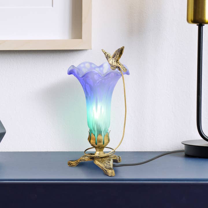 River of Goods - Wholesale Accent/Desk Lamp - 9"H Purple/Blue Hand Painted Glass Hummingbird Lily Lamp