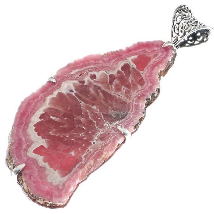 Pendentif en tranche de stalactite de rhodochrosite audacieux en argent 925, 4 3/8" pour la vente par FifiRose