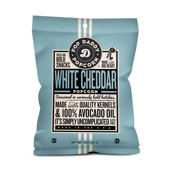 Pop Daddy – Real White Cheddar Flavored Popcorn 2.0oz for wholesale by Pop Daddy Snacks