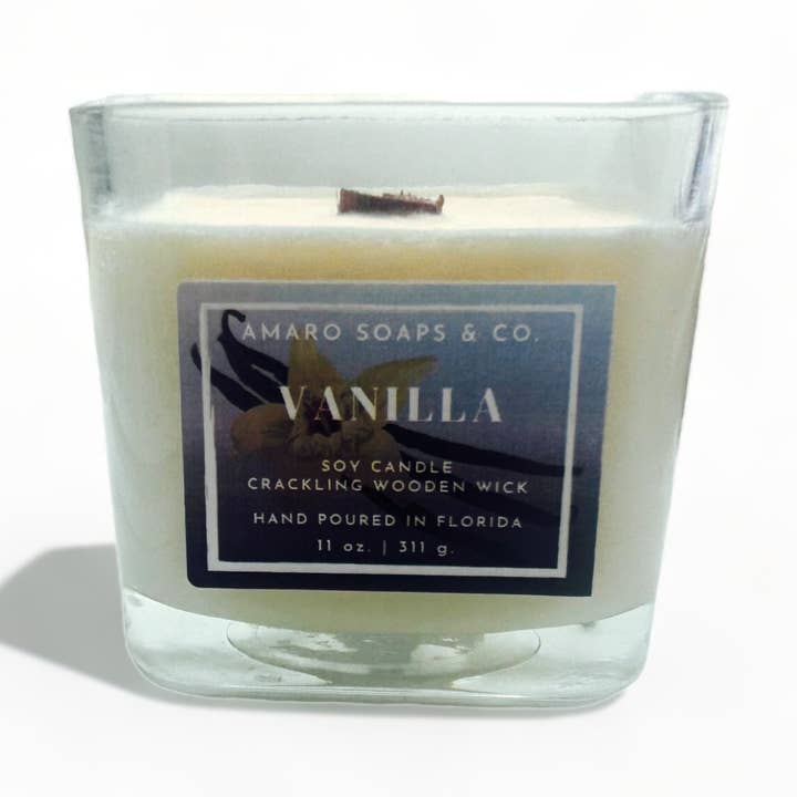 Vanilla Wooden Wick Soy Candle for wholesale by Amaro Soaps & Co.