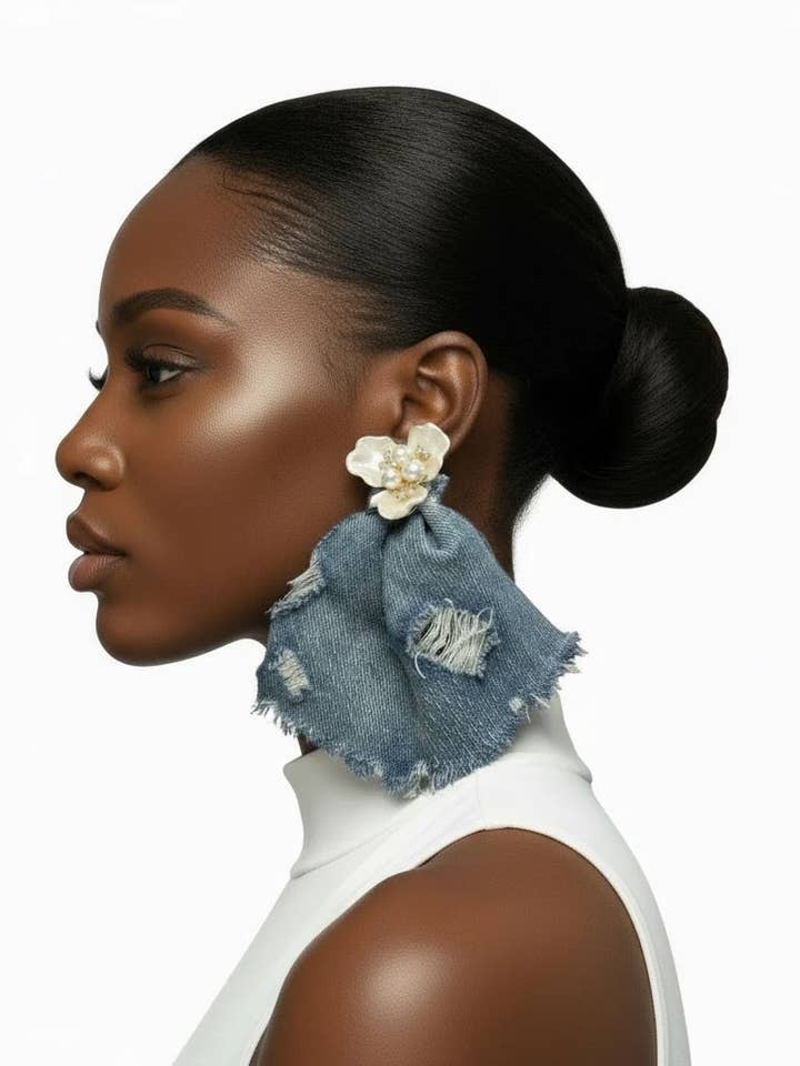 Denim Pearl Upcycle Earrings - Statement Earrings for Her for wholesale by Designed By Risha