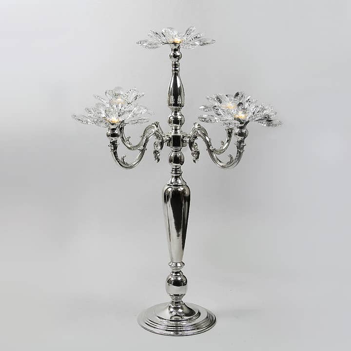 5 Arm Crystal Candelabra Metal Candle Holder, Silver for wholesale on Faire