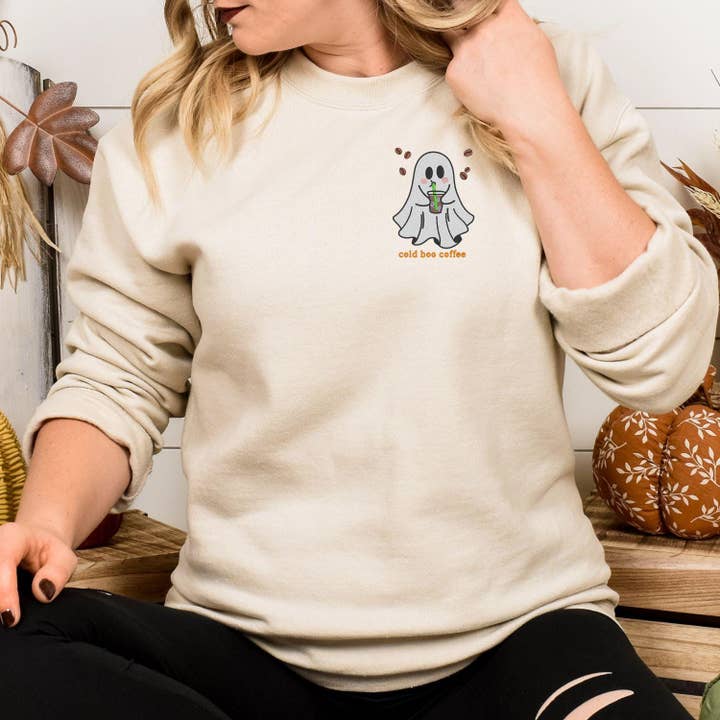 Grant Custom Creations LLC - Wholesale Sweatshirt - Women's - Cold Boo Coffee Ghost Embroidery Sweatshirt | Halloween Fall Coffee Lover Shirt | Spooky Cute Ghost Crewneck | Cozy Autumn Pullover1