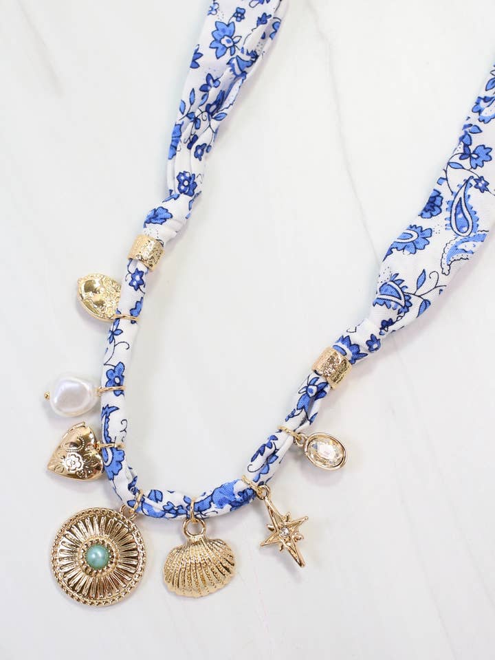 Winnie Scarf Charm Necklace Blue for wholesale by Caroline Hill