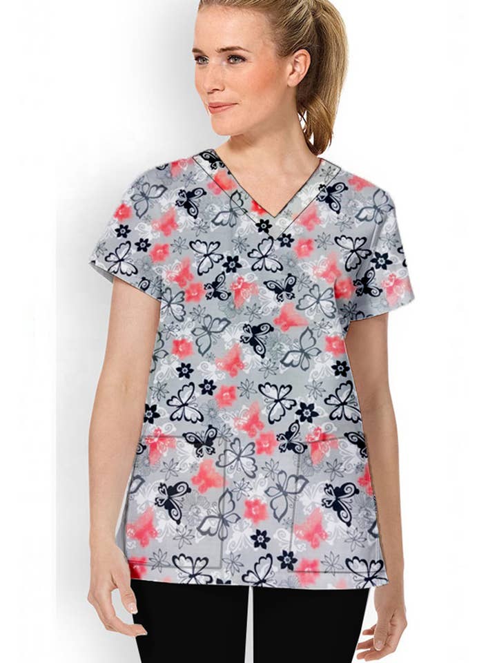 Scrubset met vlinderprint voor dames, halve mouwen, 4 zakken voor wholesale door Scrubandmore