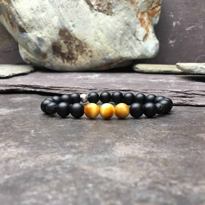 Bracelet diffuseur Honey Gold Tigers Eye, Pierre de lave et Onyx pour la vente par SoeL Beads
