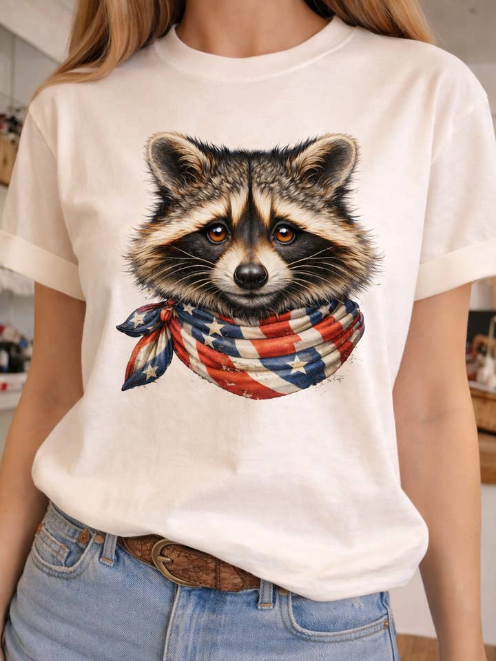 Raton laveur avec nœud papillon sur t-shirt col rond blanc / États-Unis / Amérique / RWB pour la vente par Bling-A-GoGo, LLC