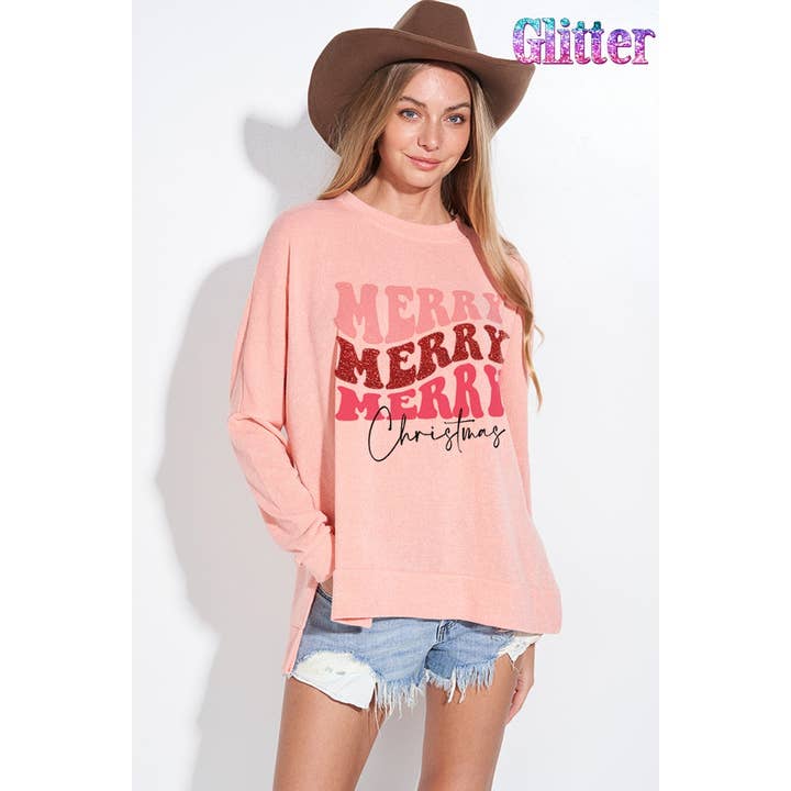 Merry Christmas glitter sidoslits långärmad topp för wholesale av Phil Love