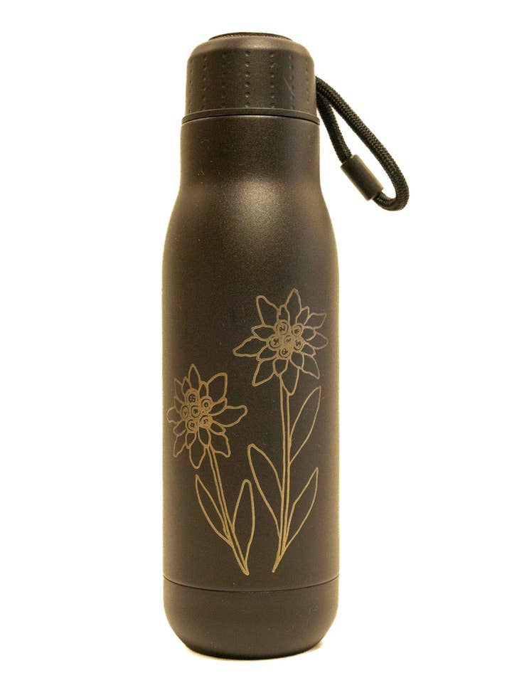 Stainless steel thermos bottle with engraving - Alpine flowers for wholesale by Alpsland