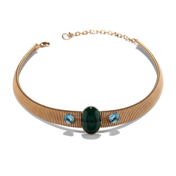 La Collana con Collare in Malachite Rosa e Cristallo Acqua per la vendita all'ingrosso da parte di The Pink Reef