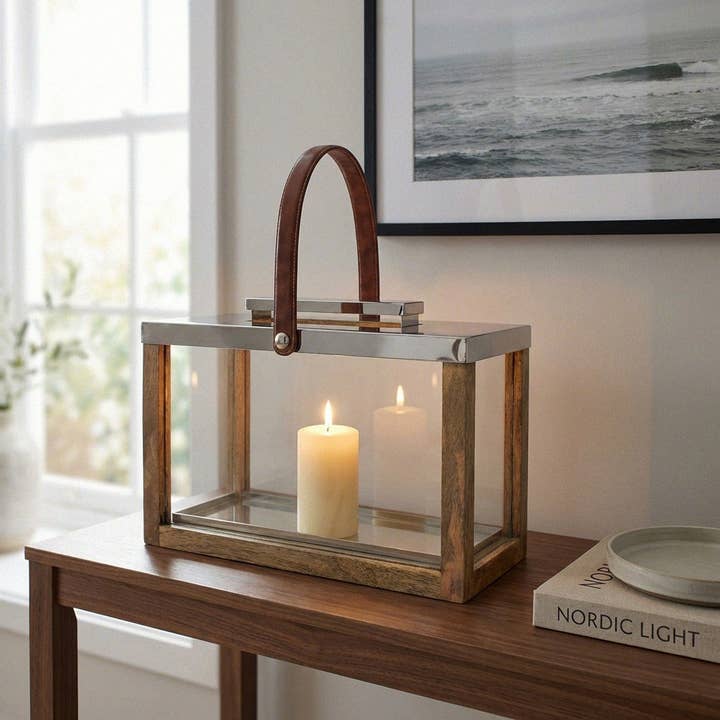 Farol premium de madera y vidrio, rectangular, brillante con asa de cuero, H.50 cm para venta al por mayor de Antikas