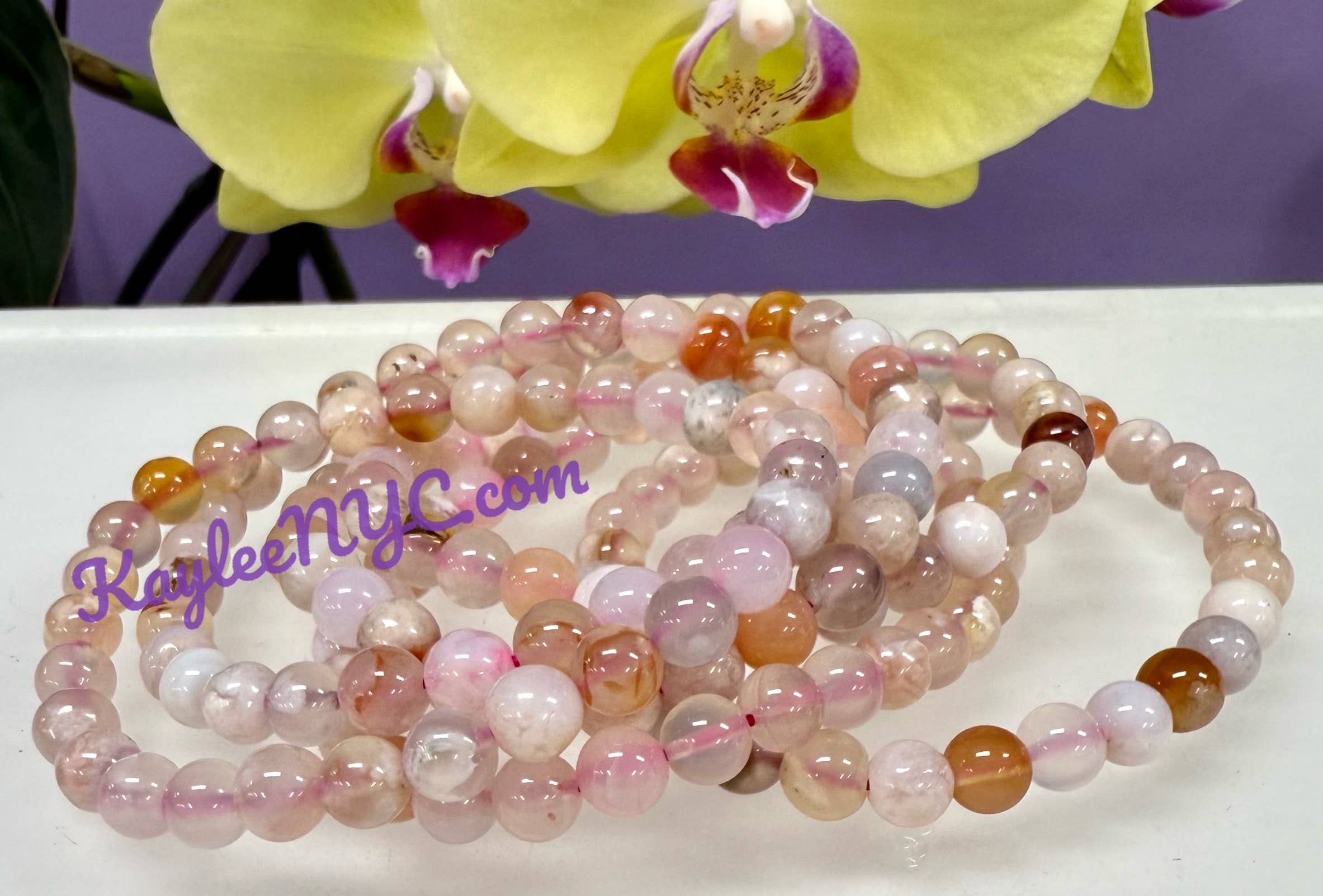 KayleeNYC - Wholesale Beaded Bracelet - Natural Flower Agate 6mm 7.5” Crystal Stretch Bracelet3