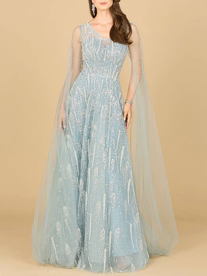 Lace Gown with Cape Sleeves and V-neckline for wholesale by Lara New York