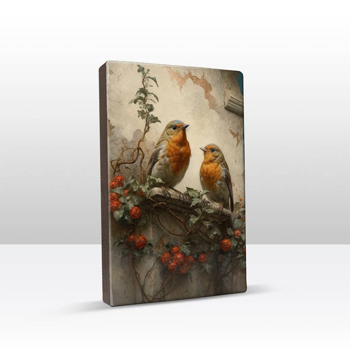 Laqueprint - Wholesale Art Print - Laqueprint - Two robins in front of an old wall - Hand lacquered - 19.5 x 30 cm - LP3861