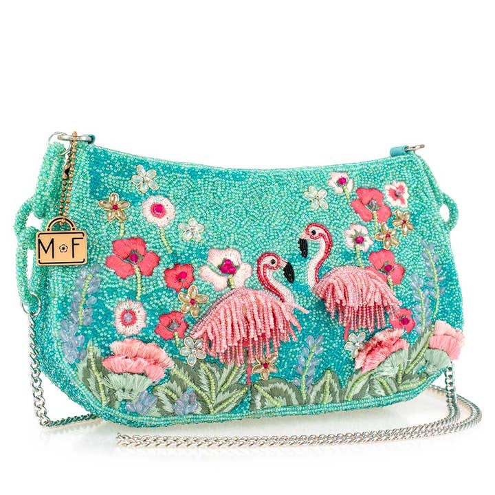 Mary Frances Accessories - Wholesale Crossbody Bag - Women's - Flirty Flamingos Beaded Pink Flamingos Crossbody Handbag