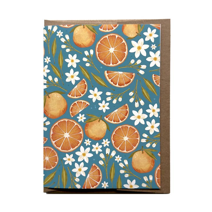 Orange and Flower Patterned Blank Everyday Greeting Card for wholesale by Kristin Heldt Art