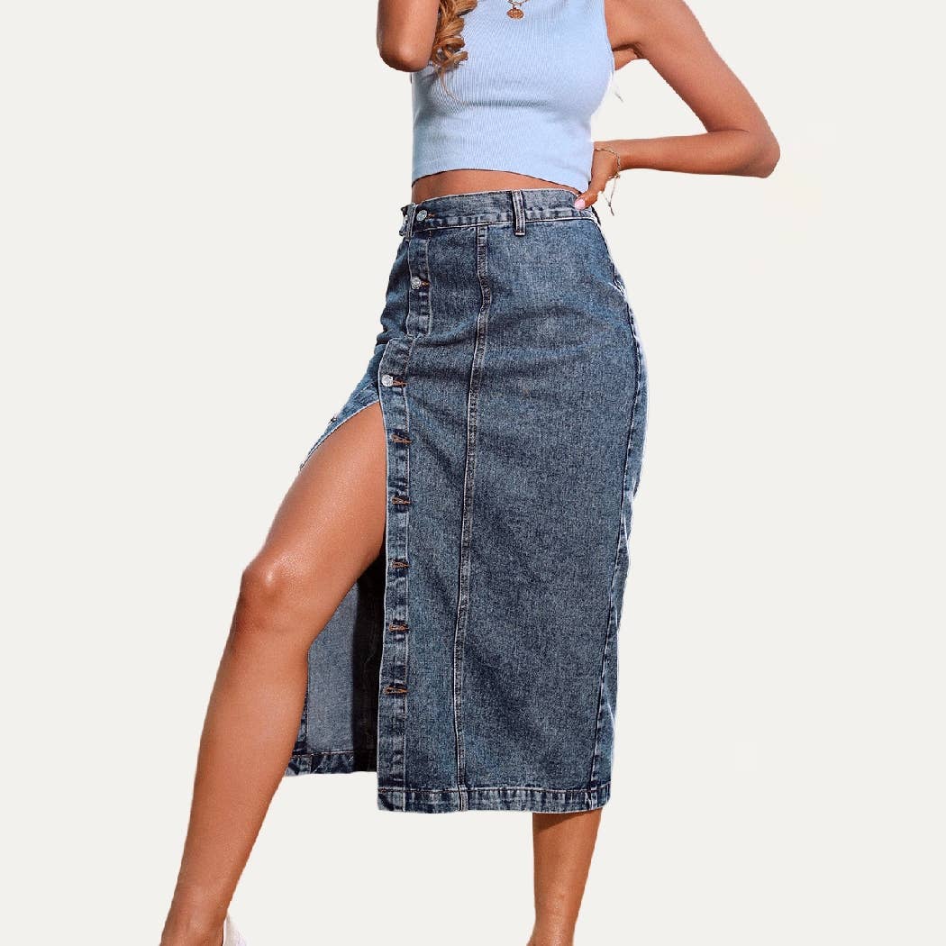 The Moment Collection - Wholesale Skirt - Women's - Always Chic Buttons High-Rise Denim Midi Skirt1