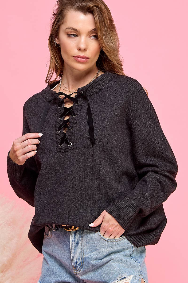 Charcoal drawstring chest long sleeve fall top for wholesale on Faire3