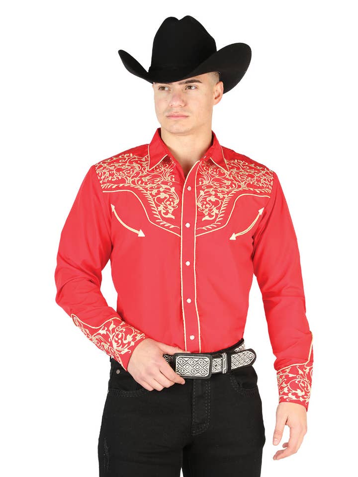 El General Embroidery Western Shirt Red/Gold 44197 for wholesale by El General Western Wear