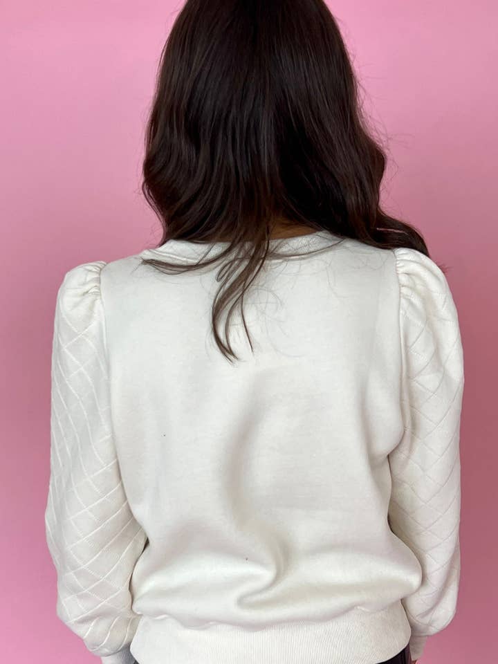 Blanco Sudadera blanca lisa con cuello redondo y manga abullonada de venta al por mayor en Faire