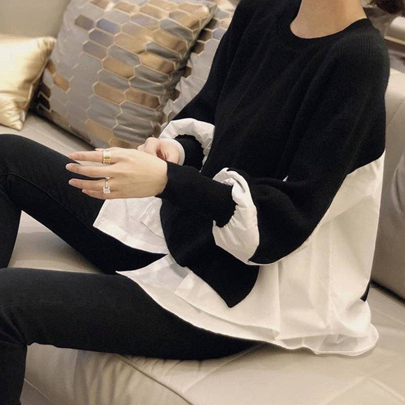 UZ Wholesale Store - Wholesale Knit Sweater - Women's - Long Sleeve Crewneck Patchwork Fake-Two Pullover Sweater6