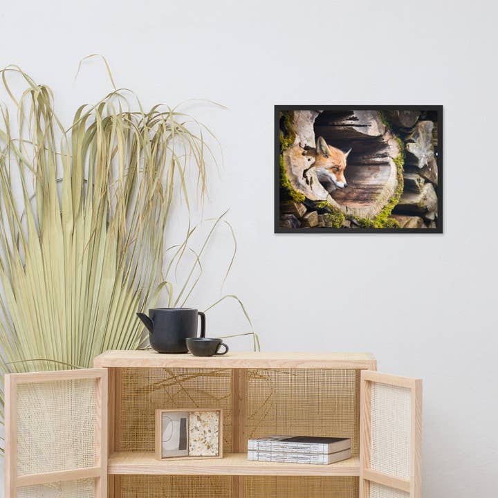Pipa Wall Art & Home Decor - Wholesale Art Print - Young Red Fox Face In Mossy Stump Wildlife Nature Framed Art4
