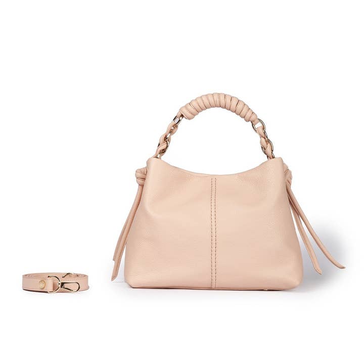 Amina small leather handbag with bandaged tubular handle and detachable shoulder strap for wholesale by Roberta Gandolfi