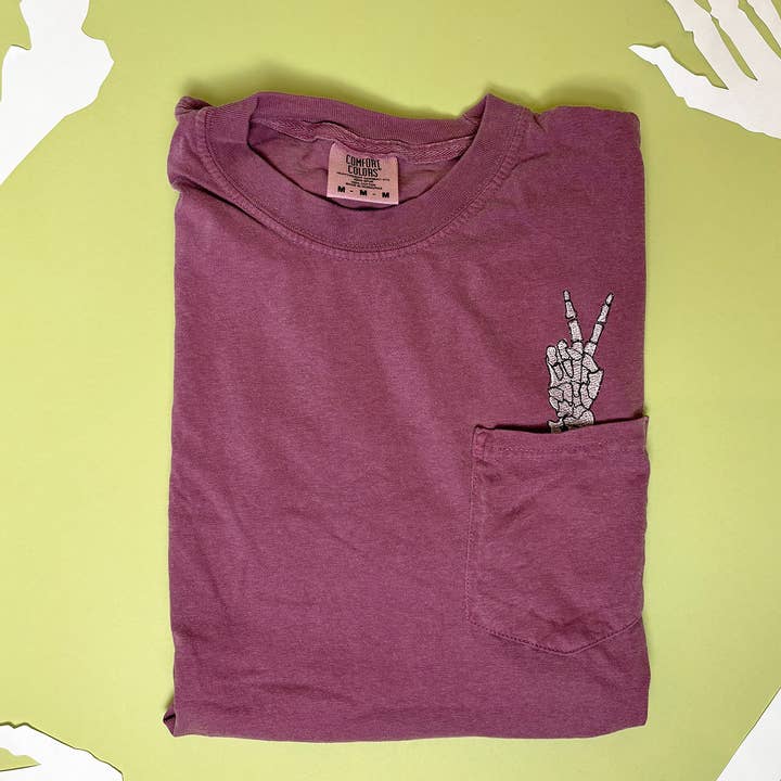Animal Instincts - Wholesale T-Shirt - Unisex - Unisex Embroidered Skeleton Peace Hand Pocket Tee4
