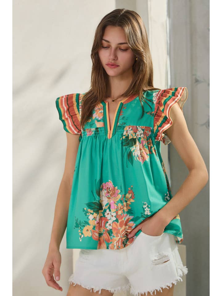 Turquoise Multi Floral Printed Blouse for wholesale on Faire